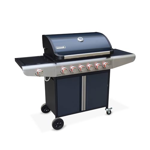 Alice's Garden - Barbecue au gaz - Bazin 6 Gris anthracite - Cuisine extérieure 6 brûleurs dont 1 feu latéral avec tablettes et thermomètre. rangement....