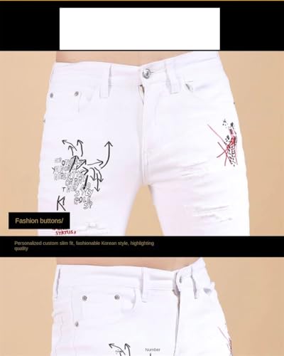Men's Korean Clothing Slim Jeans with Printed Ripped Holes Hip Hop Distressed Cotton Trousers3