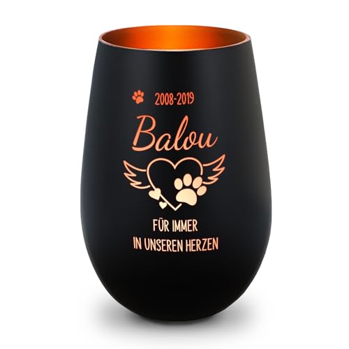GRAVURZEILE Deko Windlicht aus Glas mit Gravur - Pfotenherz - Personalisiert mit Namen & Datum - Haustier Trauerlicht - Grabschmuck zur Beerdigung oder als Andenken - Schwarz/Bronze