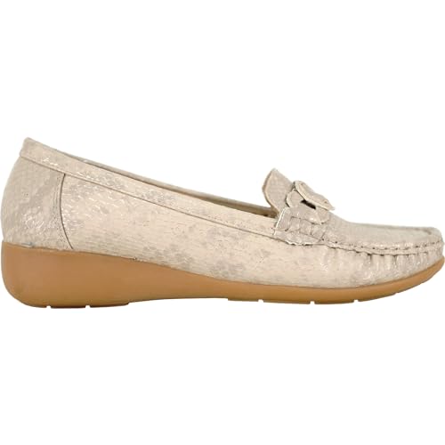 Image of KOZI Women Comfort Casual Wedge Shoe Slip-On Loafer ML Collection Round Toe Penny Loafer Removable Insole Black Champagne