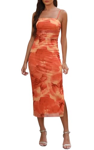 Adigaber Vestido de Verano para Mujeres Tirantes Estampados Abertura Lateral Malla Equipado Maxi Vestido