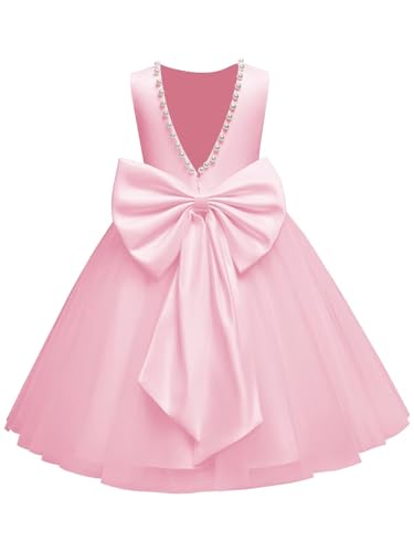 Flower Girl Dress Tulle Satin Pearls Knee Length A-Line First Communion Dresses for Girls Wedding Princess Ball Gown