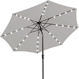JEAREY 9FT Outdoor Patio Umbrella with Solar Lights, LED Lighted Pool Umbrella with Tilt and Crank, Outdoor Table Umbrellas for Deck, Yard & Market (Light Grey)