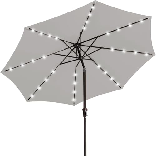 Image of JEAREY 9FT Outdoor Patio Umbrella with Solar Lights, LED Lighted Pool Umbrella with Tilt and Crank, Outdoor Table Umbrellas for Deck, Yard & Market (Light Grey)