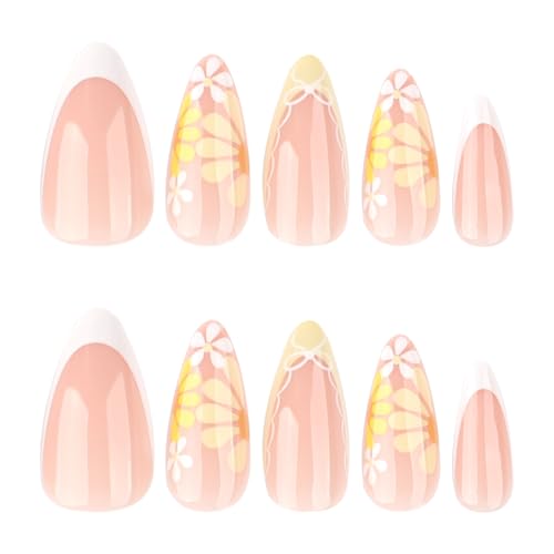 Image of Yellow Flower Press on Nails French Tip Fake Nails with Design Spring Summer Glue on Nails Reusable Artificial Acrylic Full Cover Stick on Nails Medium Almond False Nails for Women Manicure 24Pcs