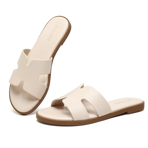 Image of Womens Flat Sandals Dressy Summer Slides Comfortable Casual Open Toe Vacation Sandals Slip On Slides Leather Sandals for Women