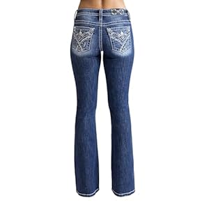 Miss Me Women’s Criss Cross Paisley Faux Flap Pocket Mid-Rise Bootcut Jeans