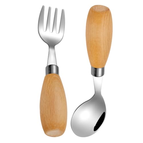 BRIGHTFUFU 1 Set Dinnerware Utensils Stainless Steel Fork Curved Spoon with Wood Handle Reusable for Learning Self Feeding for Lunch Box