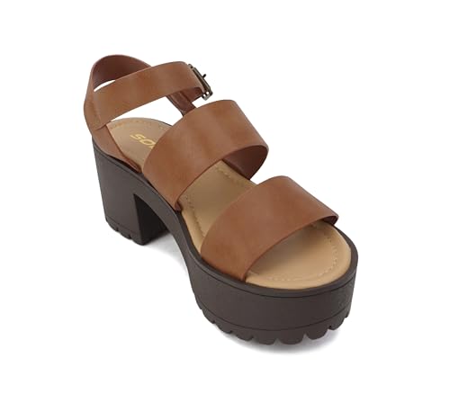 Image of Soda ACCOUNT ~ Women Open Toe Two Bands Lug sole Fashion Block Heel Sandals with Adjustable Ankle Strap