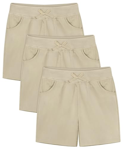 Resinta 3 Pack Girls School Uniform Bermuda Shorts Pull-on Chino Elastic Waist Summer Soft Play Shorts with Pockets 5-13Y Khaki
