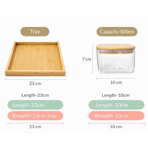 Image of Borosilicate Transparent Glass Storage Jar Set with Bamboo Tray, Set of 4 (500ml) Airtight Square Glass Containers with Bamboo Lids & Silicone Seal, Dry Fruit Storage Jars for Spice