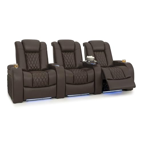 Image of Seatcraft Diamante Brown Italian Leather Home Theater Seating, Zero Gravity Power Recliner Gaming and Home Office Chair, Powered Headrest Lounge Sofa Furniture for Cinema Room, Row of 3