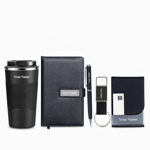 Image of Giftana Personalized Diary with Pen, Coffee Tumbler 510ml, Keychain, Card holder Gift Set, 5 in 1 Personalized Gifting Items for Men and Women, New Year Corporate Gifts for Employee (Black)
