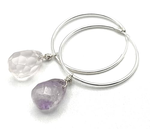 Boucles d'oreilles pierres de gemmes améthyste quartz rose argent - 5
