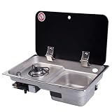 Rv Cooktop Stove, 21.1 * 12.52 * 5.75inch Stainless Steel Outdoor Stove Gas Stove Hob Stainless Steel Sink Combo Gas Camping Stoves with Tempered Glass Cover for Rvs Travel Trailers Campers