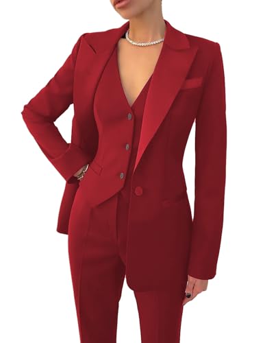 Leader of the Beauty Conjunto de 3 piezas para mujer, traje de trabajo, chaqueta, chaleco, pantalones, negocios, traje de fiesta, rojo oscuro, M