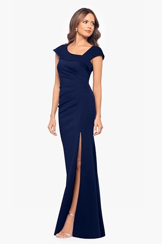 Image of Xscape Women's Asymmetrical Neck Cap Sleeve Ruched High Slit Gown, Midnight, 12P