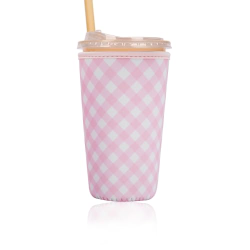 Image of Reusable Insulated Sleeve for Iced Coffee Cup, Coffee Neoprene Sleeve for Cold & Hot Drinks, Beverage Holder for Iced Coffee (Blush Gingham, Large: 32oz)