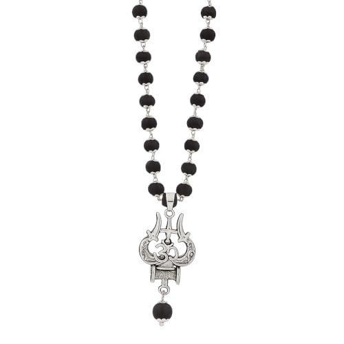 Image of Original Karungali Mala 54 Beads with OM Shiva Trishool Pendant | Govt. Lab Tested Natural Black Ebony Wood | Silver Capped Spiritual Prayer Necklace for Men & Women