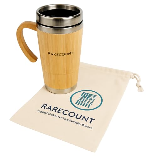 RARECOUNT Bamboo Travel Tumbler (14oz) – Reusable Coffee Mug with Handle, Stainless Steel Interior, Cupholder Friendly Eco Drinkware for Travel, Office & Daily Use