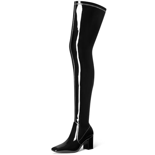 MUCCCUTE Thigh High Boots for Women Over the Knee Boots Gogo Boots Square Toe Chunky Heel Patent Leather Sexy Long Boots with Side Zipper
