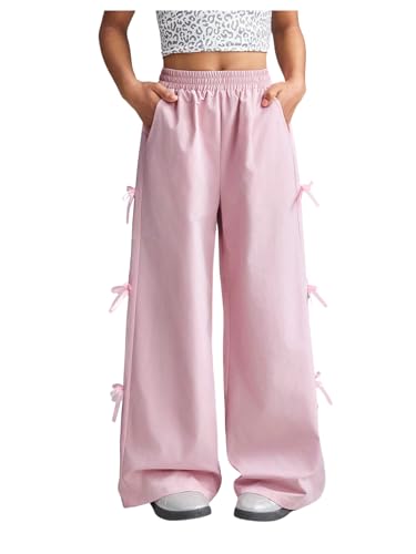 Girl's Bowknot Baggy Track Pants Elastic High Waisted Wide Leg Long Pants Trousers