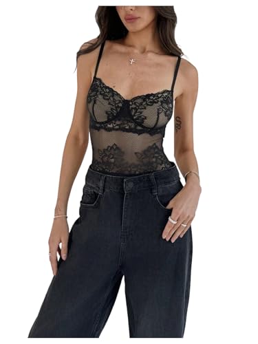 MakeMeChic Women's Floral Lace Sheer Camisole Tops Bodysuit Sleeveless Party Bodysuits Corset Top Black Medium