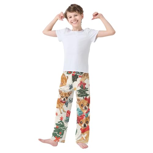 ZZXXB Chihuahua Xmas Tree Boys Long Pants Soft Trousers Elastic Waist Kids Lounge Bottoms with Pockets S-XL2