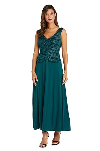 R&M Richards Women's Long Glitter Jacquard Cowl Neck Gown W/Ruched Bodice, V-Back & Flowing Pleated Skirt