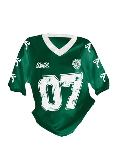 Image of RoseSeek Girl's Jersey Y2K Oversized Graphic Number Print Tops V Neck Short Sleeve T Shirt Hip Pop Tee Streetwear