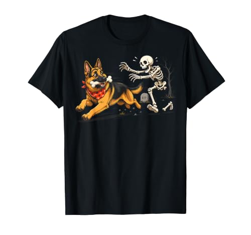 German Shepherd Dog Stealing Bone from Skeleton Halloween T-Shirt