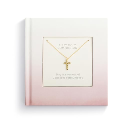DEMDACO Tender Blessings 14 Karat Gold Plated Boxed Keepsake Book and Fashion Necklace 2 Piece Set Pink and White First Communion