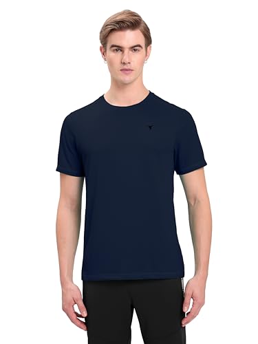 Image of TECHNOSPORT Men's Solid Slim Fit Round Neck T-Shirt TECHNOCOOL+ Half Sleeve Slip On Polyester for Gym Running Workout UPF50+ Anti Odour