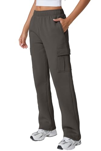 Image of QINSEN Baggy Medium Waist Elastic Sweatpants for Womens Casual Long Fleece Cargo Pants with Pockets
