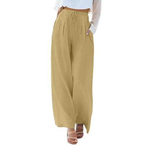 fanmpghleoo Wide Leg Palazzo Pants for Women Casual Drawstring Linen Pants Summer High Waisted Linen Trousers with Pockets