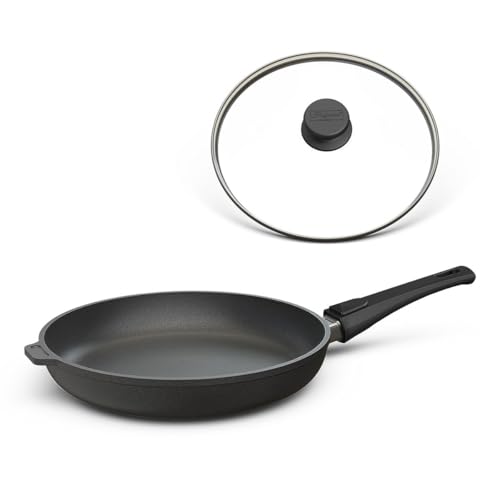 Hoffmann Aluguss Bratpfanne 28 cm Induktion mit Deckel 4,5 cm Innenhöhe I Made in Germany I Hoher Rand I Abnehmbarer Griff I Antihaft beschichtet