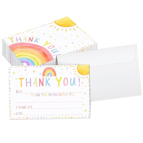 Kbodnwe Kids Thank You Cards, 20 Rainbow Fill in the Blank Thank You Notes with Envelopes for Kids Girl, Ideal for Birthday Party Baby Shower Classroom Graduation, Toddler Stationery Set - JZ074