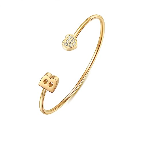 Image of VQYSKO Heart Initial Cuff Bracelets for Woman-CZ Stainless Steel Adjustable Open Bracelet Woman Jewellery,Birthday Gifts for Woman