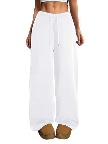 HBQ Wide Leg Sweatpants Women Baggy Barrel Sweat Pants High Waist Drawstring Joggers with Pockets White X-Large
