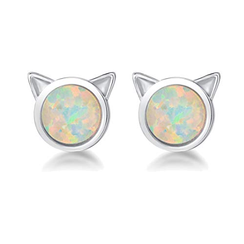 FANCIME 925 Sterling Silver Cat Stud Earrings Blue/White Opal Cat Earrings Tiny Dot Round Disc Minimalist Jewelry for Women Girls