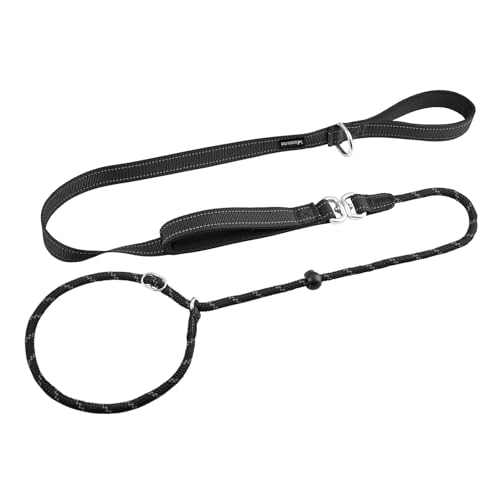 Arblina Retrieverleine mit Zugstopp, Retrieverleine für Kleine/Mittlere/Große Hunde mit Doppelten Griffen, Training Hundeleine mit Hi-vis Licht-Reflektierendem Design, Slip Lead for Dog, Schwarz, 1.3m