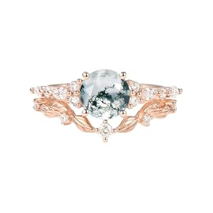 Natural Moss Agate Bridal Ring Set for Women Leaf Wedding Ring Set with 1CT Round-cut Moss Agate Engagement Ring Set 925 Sterling Silver 10K 14K 18K Gold