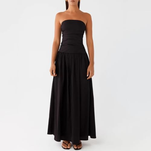 Image of Women Tube Top Maxi Dress 2025 Elegant Sleeveless Strapless Ruched Flowy Summer Long Wedding Party Cocktail Dresses