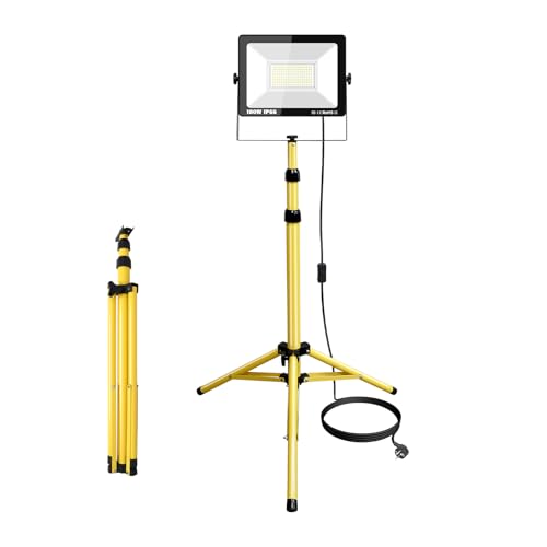 YOJZMA 100W LED Faretto da cantiere con treppiede, 10000LM 175V a 265V IP66 Impermeabile Lampada da lavoro a LED per interni ed esterni con cavo da 5 m per officina, garage, cantiere, seminterrato