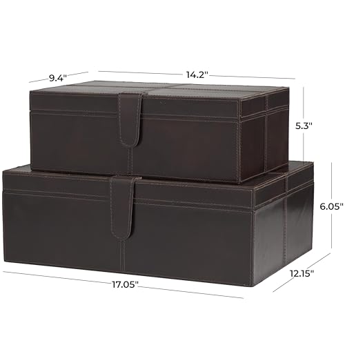 Deco 79 Leather Handmade Decorative Box Storage Decorative Keepsake Boxes with Snap Front Closure and Detailed Stitching, Set of 2 Storage Boxes 17", 14"W, Dark Brown by Deco 79 - Image 6