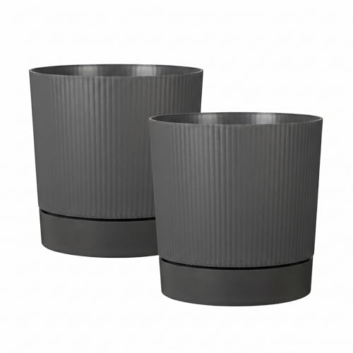 Scheurich Lot de 2 pots de fleurs LINO+ avec soucoupe - Couleur : gris métallisé - Diamètre : 28,97 cm - Hauteur : 25,8 cm - Volume : 13 l - Pour...