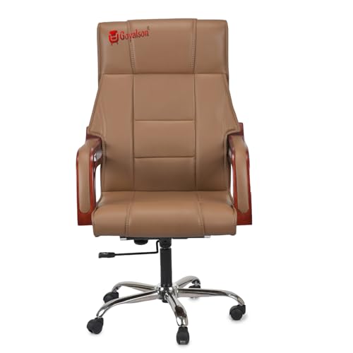 Image of GOYALSON Comfortable Revolving Chair for Director Principal Manager Office with arm Rest with Wheels and Cushioned seat Back (1, Brown, Wooden Handle High Back)