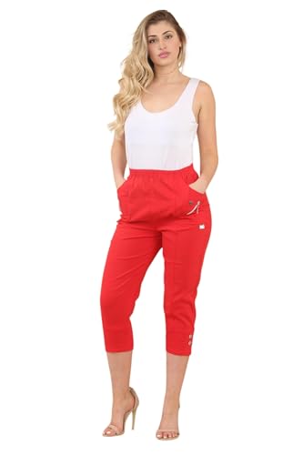 Women Cherry Berry Capri 3/4 Trousers, Ladies Elasticated Cotton Stretch Cropped Bottom Pants (Red, 16)