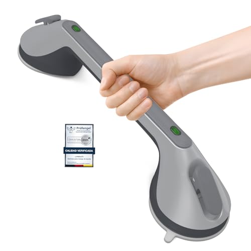 Mannicix Agarraderas Baño para Mayores, Asidero para Ducha sin Taladrar 43cm, Agarraderas de Baño con Ventosa y Indicator para Ancianos, Discapacitados (Plateado)