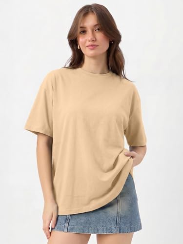 Image of LEOTUDE Women's Drop Shoulder Oversized Baggy Fit Half Sleeve Plain Solid Round Neck Multicolor T-Shirt Combo for Women's (Pack of 3)